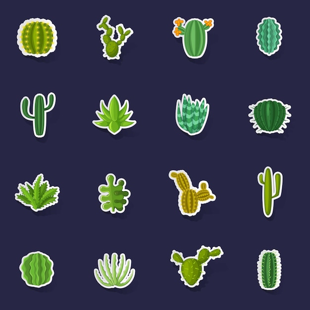 Green cactuses icons set vector sticker