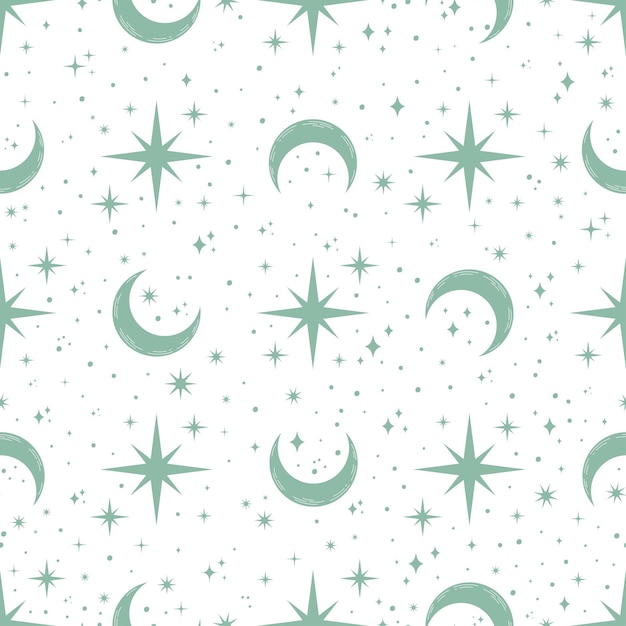 Green celestial seamless pattern with white background.