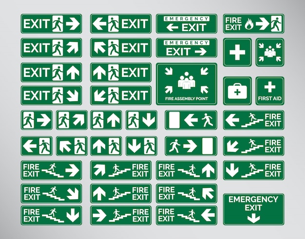 Green Emergency Exit Signs, Icon and Symbol Set Template Design