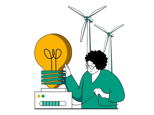 Green energy concept with character situation Woman uses alternative energy sources and eco friendly technology of wind turbines station Vector illustration with people scene in flat design for web