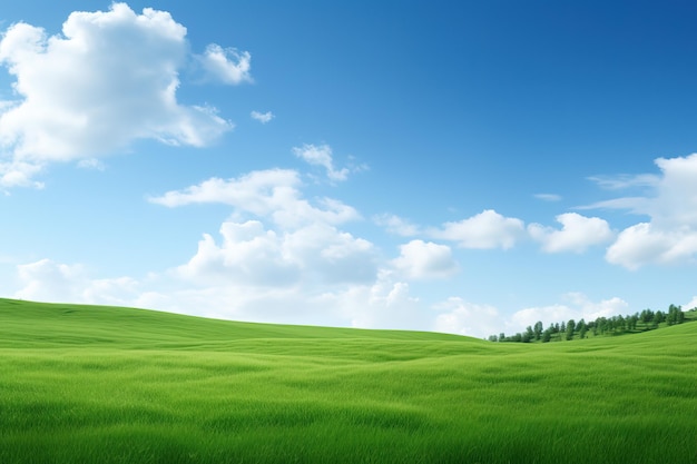 a green field with a blue sky and clouds