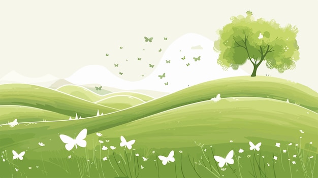 Vector a green field with butterflies and a green tree