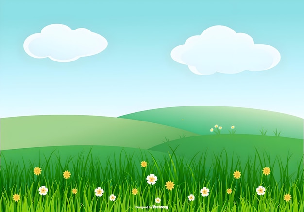 Vector a green field with a sky and clouds with a green hill and a grassy hill