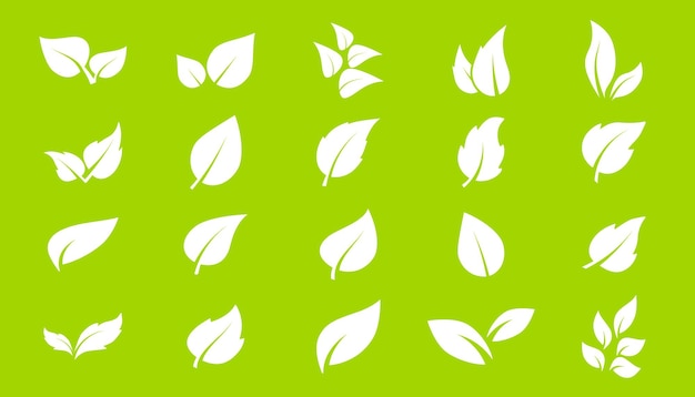 Green leaves icons in flat style for graphic design. Collection with green leaves, environment and nature eco sign. Organic, eco, green product. Ecology nature element vector icon