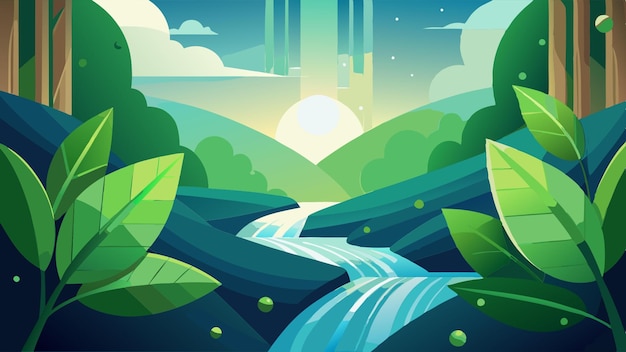 Vector green leaves water stream oxygen bubbles vector illustration flat 2