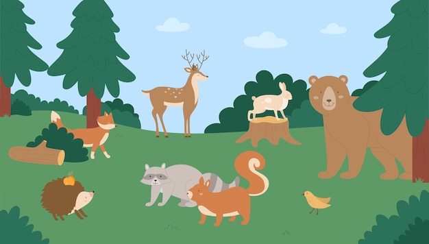 green meadow, wildlife scene with different cute forest animals