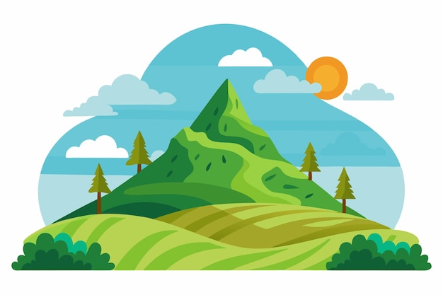 Vector a green mountain with rolling hills and trees under a blue sky with a sun