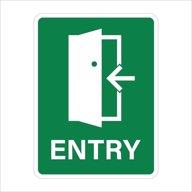 Vector green rectangle entry sign with arrow toward opened door illustration