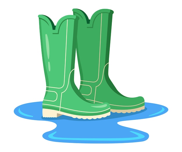 Vector green rubber boots stand on a puddle