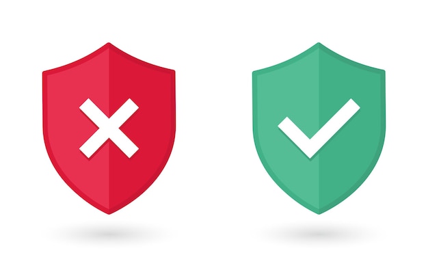 Vector green shield with check mark and red shield with cross mark icons symbols on the rejection or confirmation of action