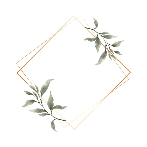 Greenery Leaf Watercolor with geometric luxury gold frame isolated on white background Natural border for wedding invitation and card vector illustration