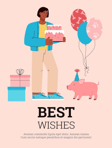 Greeting card or postcard for pets birthday celebration vector illustration