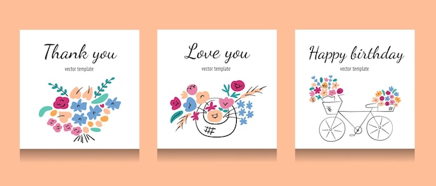 Greeting cards with flowers composition square templates with copy space vector arrangement