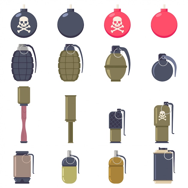 Grenades and bombs vector cartoon flat set isolated