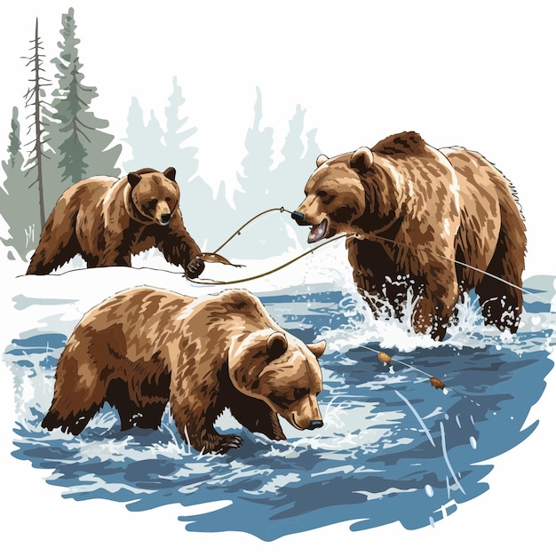 Vector grizzly bears fishing 4