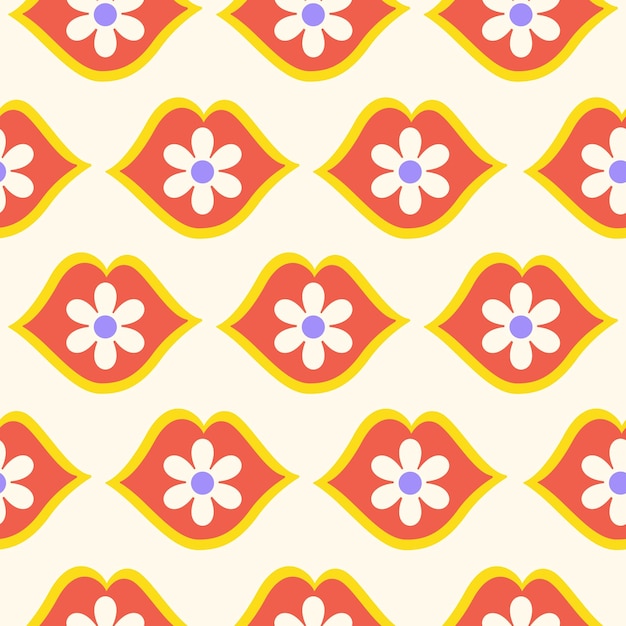 Vector groovy floral seamless pattern with red lips and daisy flowers