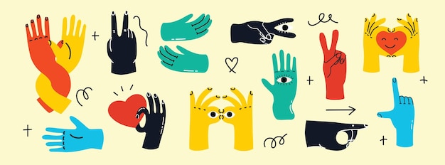 Vector groovy hippie love set of colorful hands with different gestures hands with heart together hands and etc hand drawn vector illustration retro happy valentines day in cartoon style