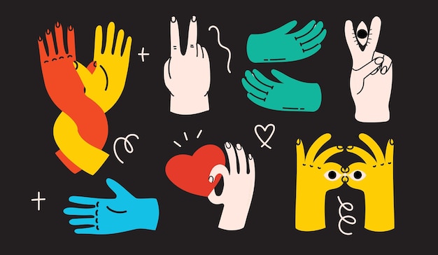 Vector groovy hippie set of colorful hands with different gestures hands with heart eyes together hands and etc hand drawn vector illustration