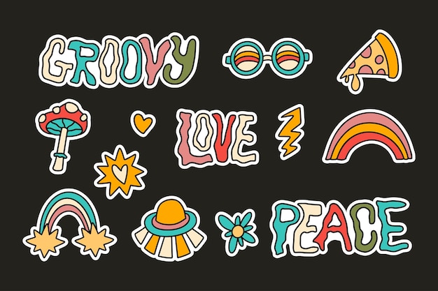 Vector groovy icon sticker vector set funky badge lettering label