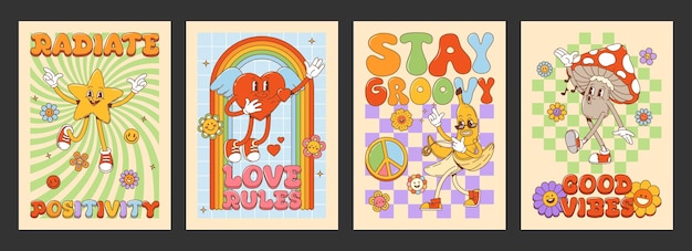 Vector groovy posters with retro cartoon characters