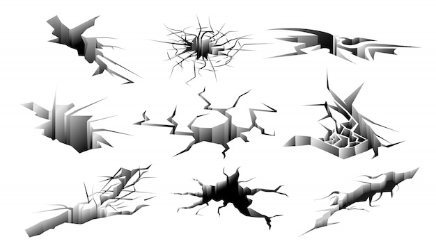 Vector ground crack set. isolated earthquake hole. earth destruction ground crack collection. surface fracture vector illustration