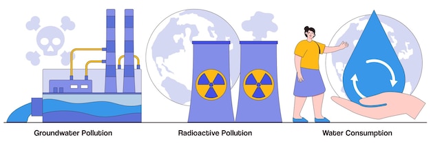 Vector groundwater pollution radioactive hazardous waste water consumption with people characters illustrations pack