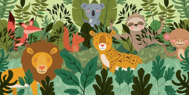 Vector group of animals in the forest scene 