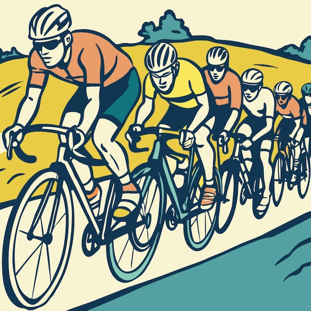 a group of bicyclists are riding down a road with a yellow and blue background