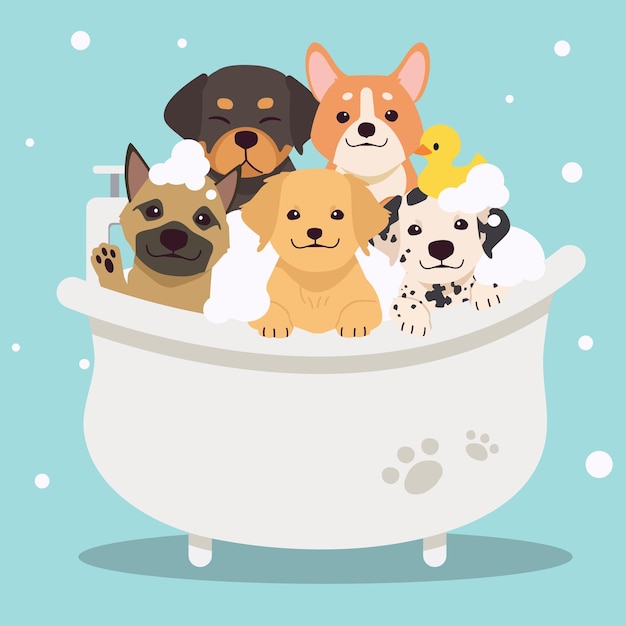 The group of character cute dogs taking a bath with bathtub they look very happy