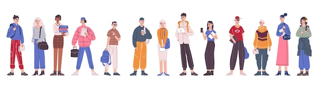 Vector group college pupils diverse students or university classmates traditional school girl and boy young study people campus teenagers international youth recent vector illustration