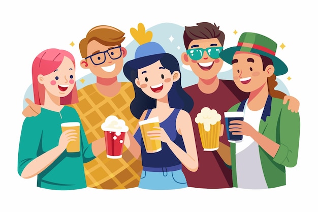 Vector a group of four friends including two men and two women are smiling and enjoying their drinks at a party