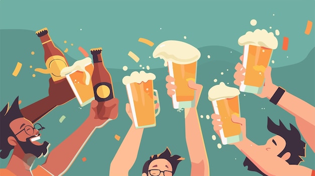 Vector group of friends cheers with beer characters holding bottles