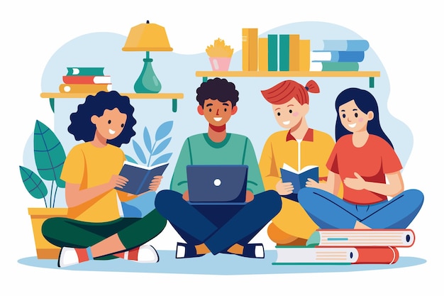 Vector a group of friends sitting on the floor with laptops studying together at home group of friends with books meet at home study together simple and minimalist flat vector illustration