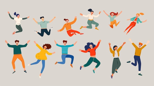 Vector group of happy free people flying concept