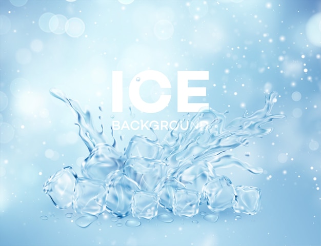 Vector group of ice transparent clear cubes in water crown splash isolated