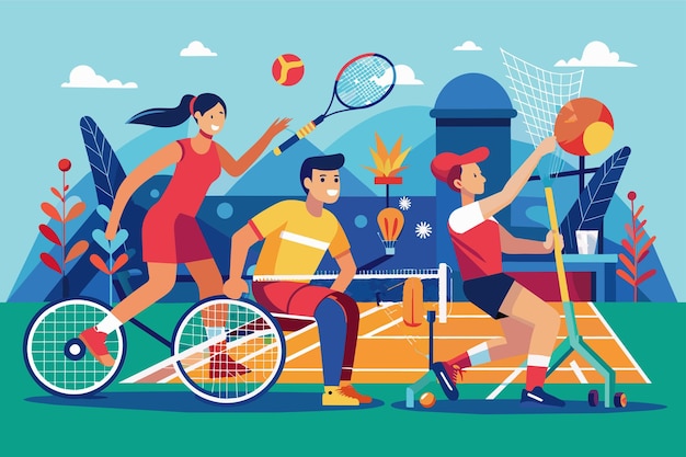 Vector a group of individuals engaged in a game of tennis on a court serving rallying and scoring points paralympic badminton customizable semi flat illustration