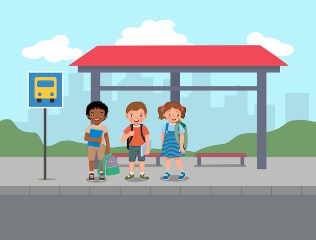 Group of little students waiting for school bus at the bus stop