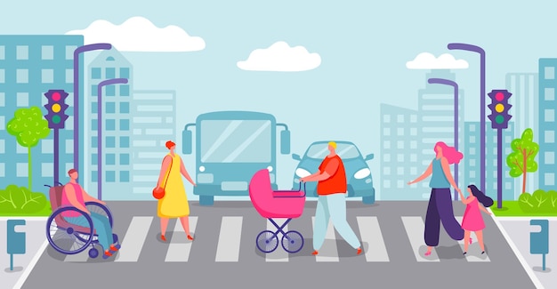 Group of people crossing city road Characters going on crosswalk Man walking with baby in pram Person moving on pedestrian crossing on wheelchair Mother with daughter kid vector