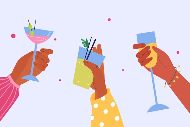 a group of people hands hold alcoholic cocktails