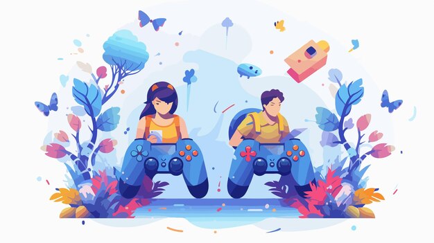 Vector group of people playing video game flat illustration