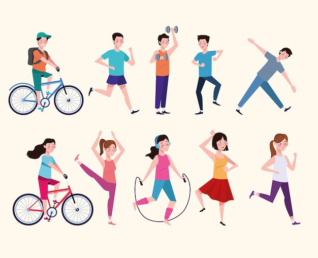 Vector group of people practicing exercises healthy lifestyle  illustration 