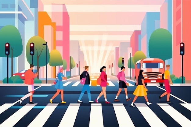 Vector group of people and traffic cross a street