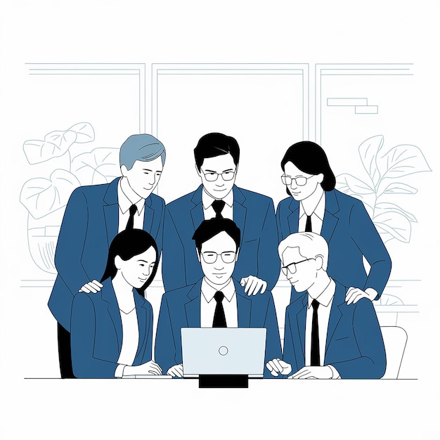 Vector group of people working together on a laptop