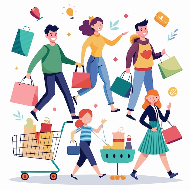 Vector a group of smiling people are shopping holding bags and pushing shopping carts they are surrounded by shopping symbols