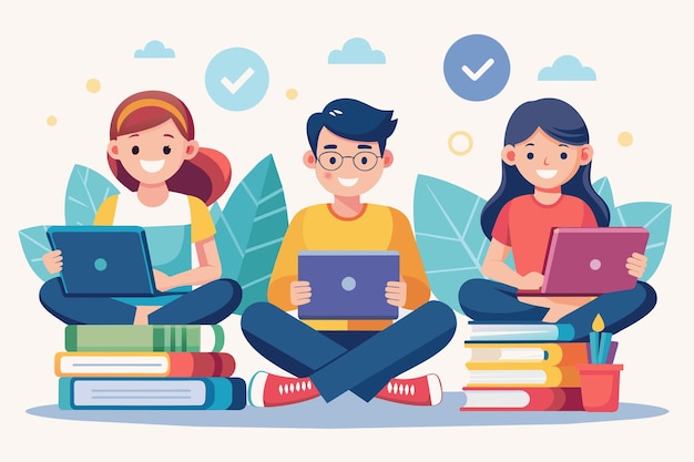 Vector group of students seated on stack of books using laptops for research and studying in a cozy setting happy students reading books with laptops simple and minimalist flat vector illustration