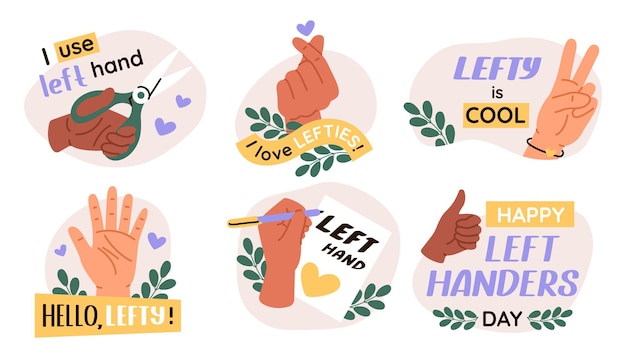 Vector group of vector illustration of left hand left handers day stickers concept of celebration lefty people day