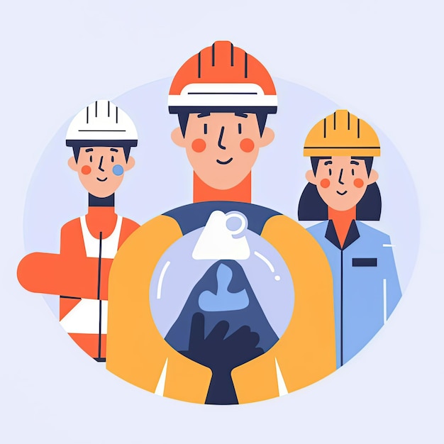 Vector a group of workers are standing in a circle with a blue ice hockey cap