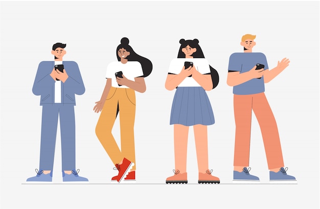 Vector group of young people male and female standing and using phone.