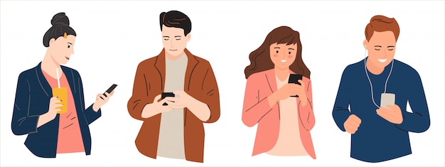 Vector group of young people using smartphones.