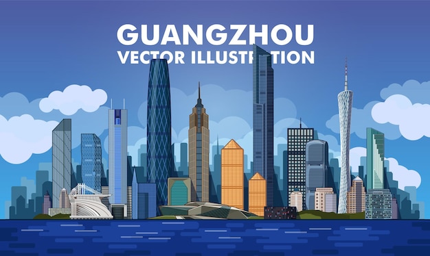 Vector guangzhou skyline detailed silhouette trendy vector illustration line art style flat vector illustration china